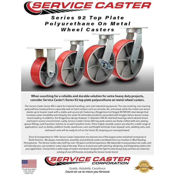 10 Inch Heavy Duty Red Poly on Cast Iron Swivel Caster Set with Brakes, 4PK